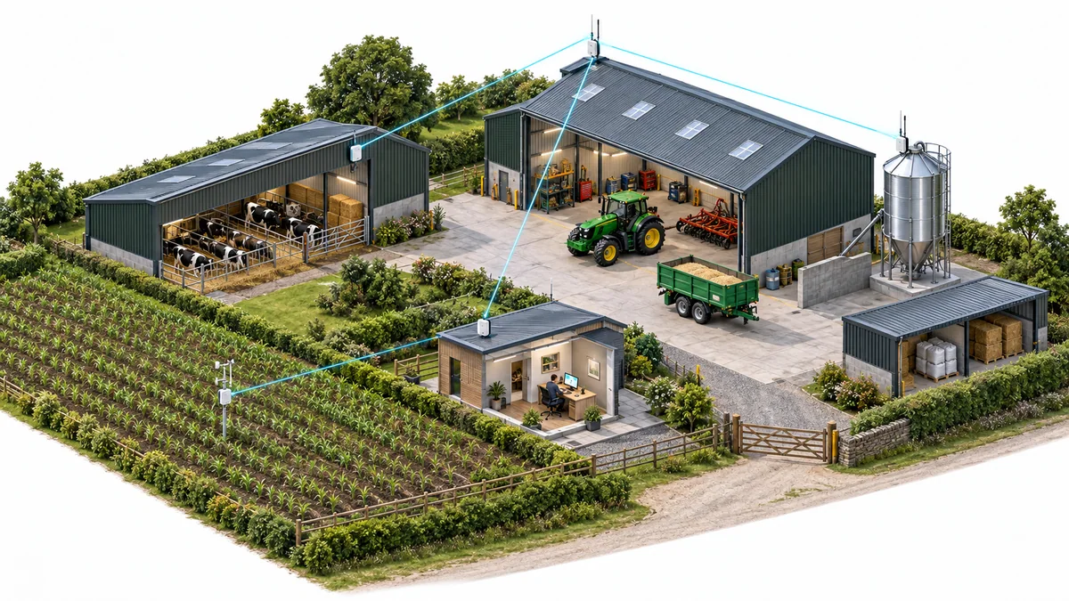 Illustration of farm buildings, an office and field devices linked across a rural site.