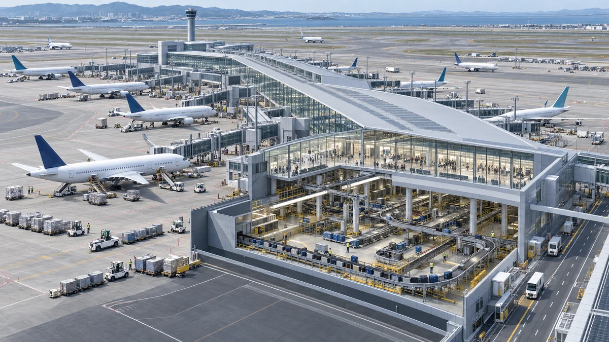 Aerial cutaway of a large airport terminal, baggage hall, aircraft stands and service vehicles.