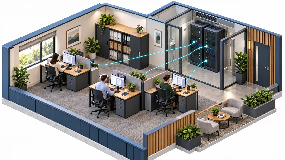 Illustration of office staff using business applications connected to local servers.
