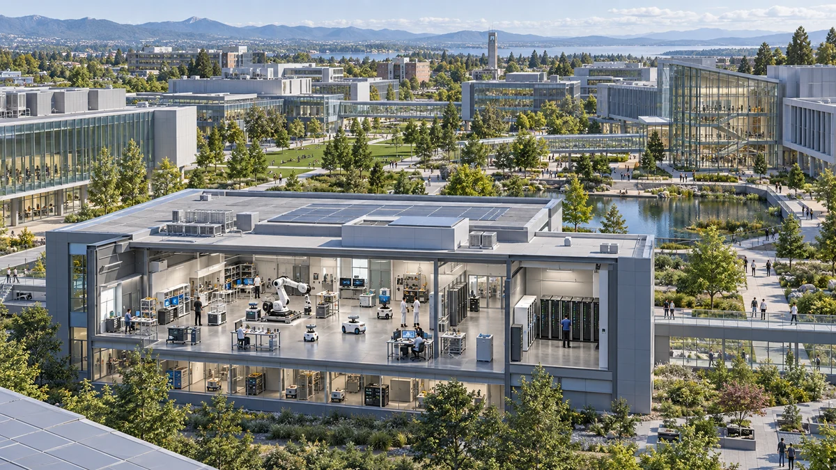 University campus with research laboratories, test robots and teaching spaces.