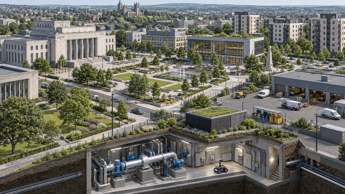 Public estate and urban service district with civic buildings and infrastructure inspection.
