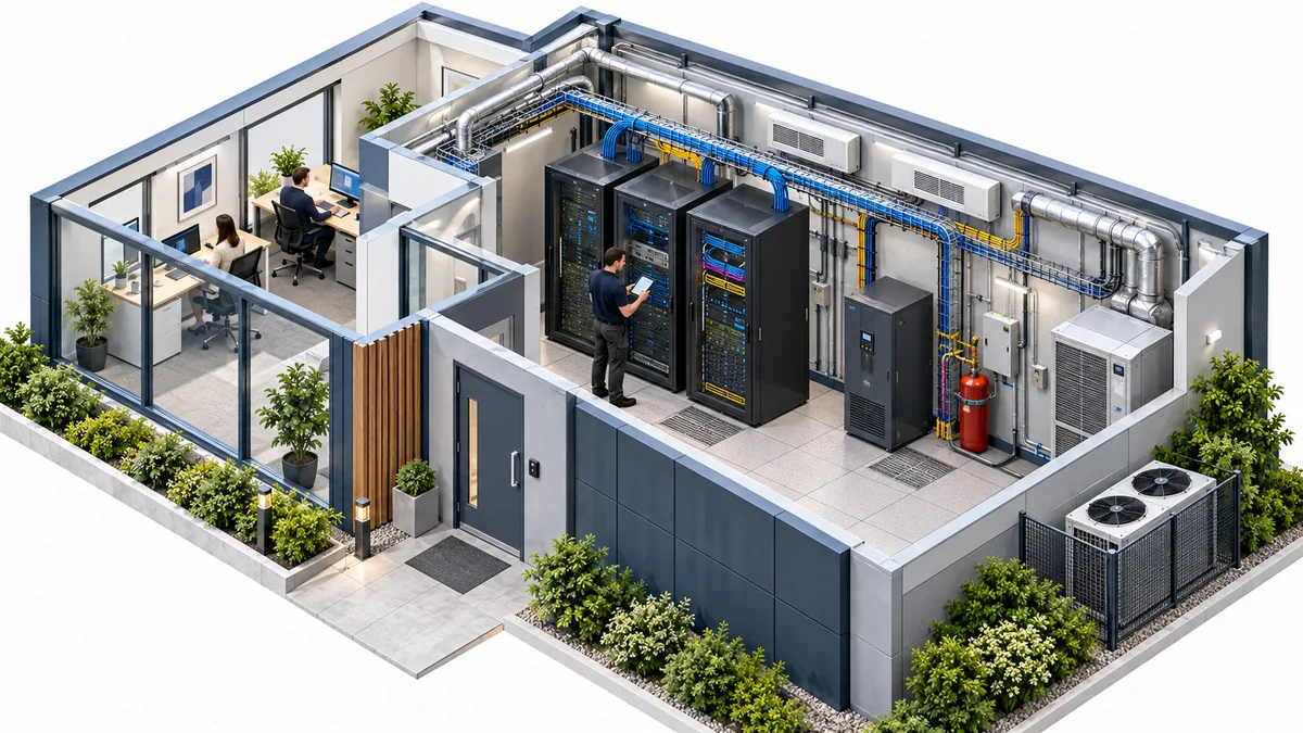 Illustration of local server racks, network equipment and an engineer beside business offices.
