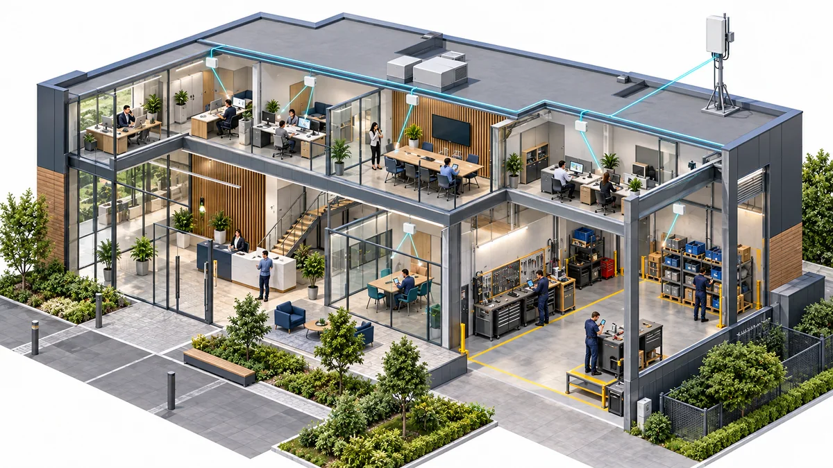 Cutaway illustration of indoor mobile coverage across offices, reception and a workshop.