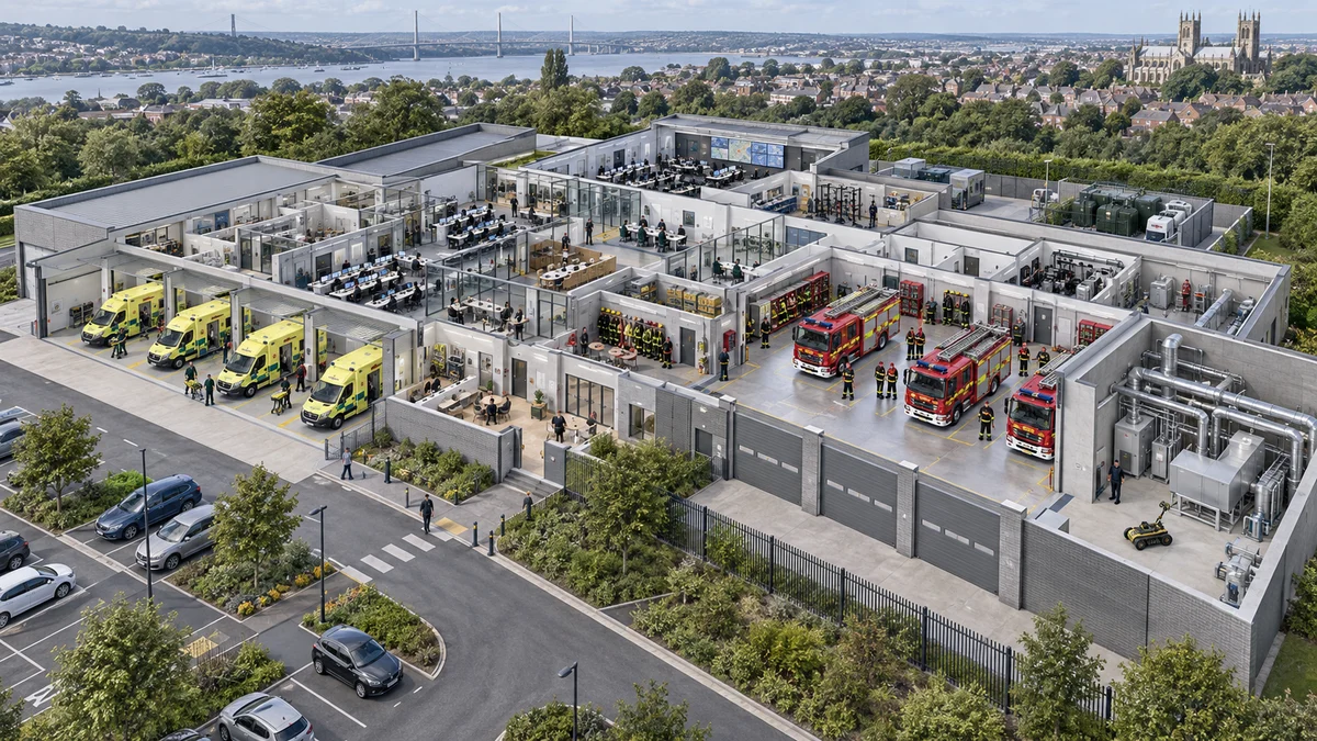 Illustrative emergency-service station with vehicle bays, workshops, offices and plant areas.