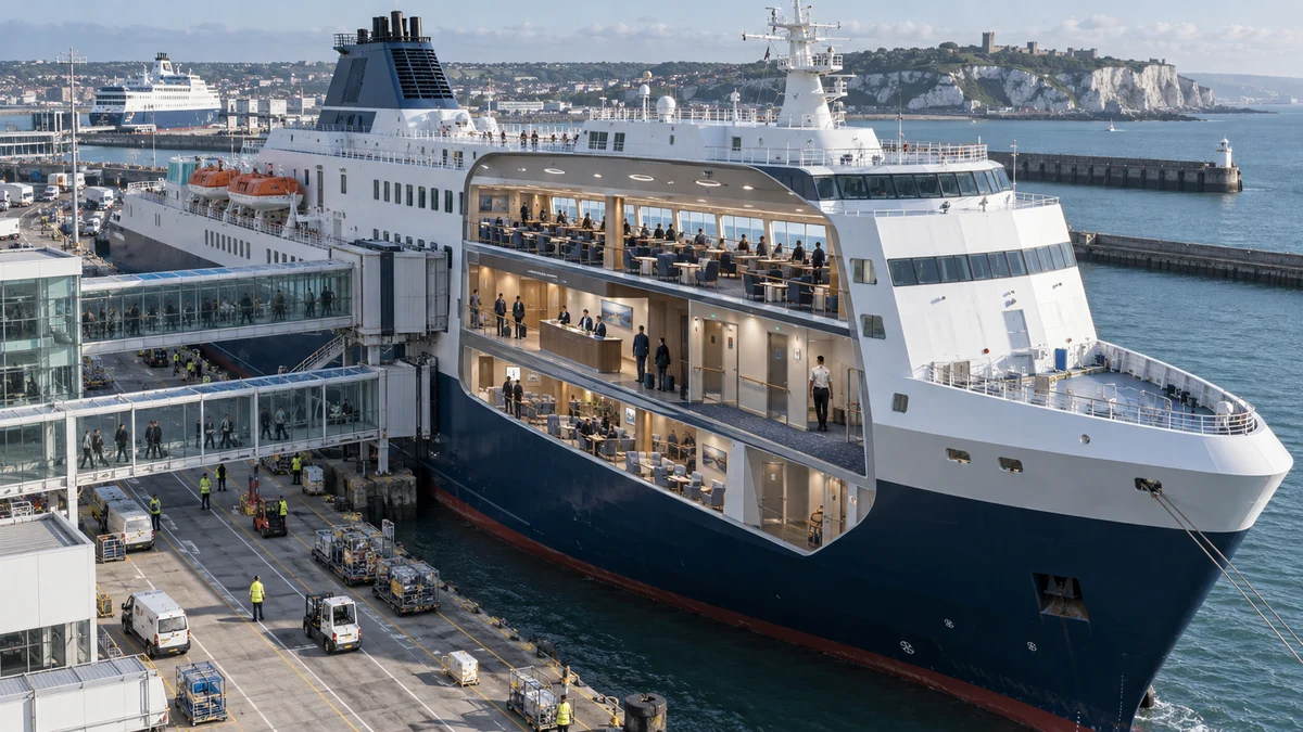 Illustrative ferry alongside a port with passenger lounges, crew spaces and shore activity.
