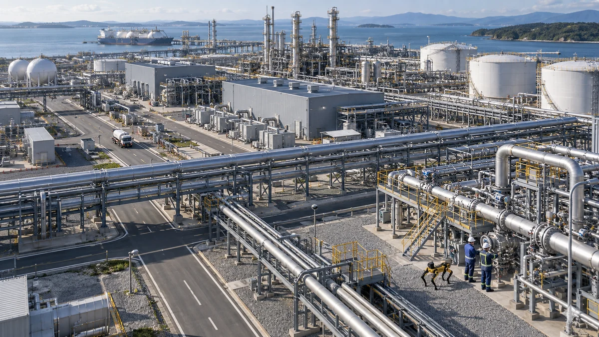 Large industrial energy site with pipe racks, tanks, engineers and a small inspection robot.