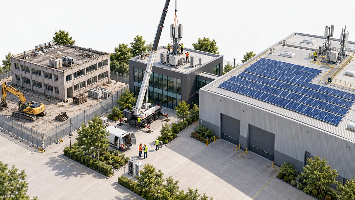 Illustration of telecoms relocation across a commercial estate, with a building prepared for demolition and rooftop solar installation.