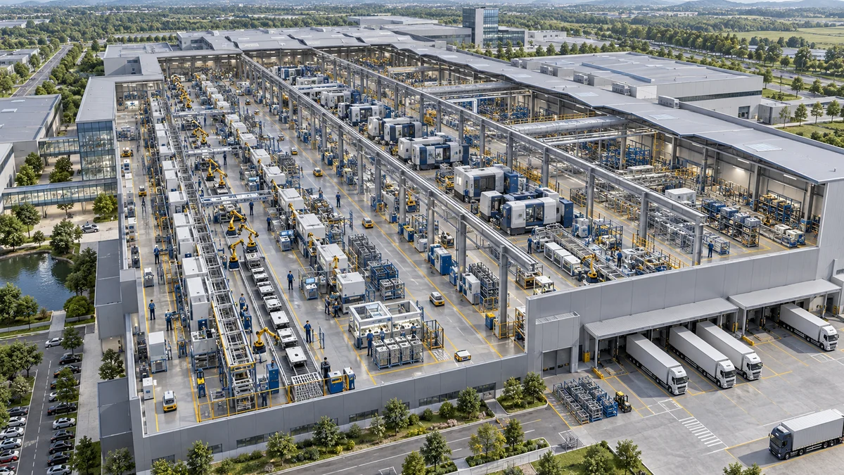 Aerial cutaway of extensive production halls with assembly lines, machining cells, inspection stations and mobile material-handling robots.