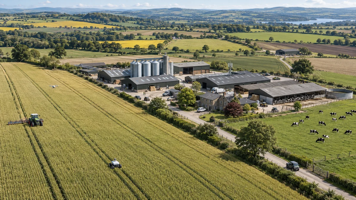 Aerial view of an extensive mixed farm with crop fields, livestock buildings, grain stores, a field robot and connected working areas.