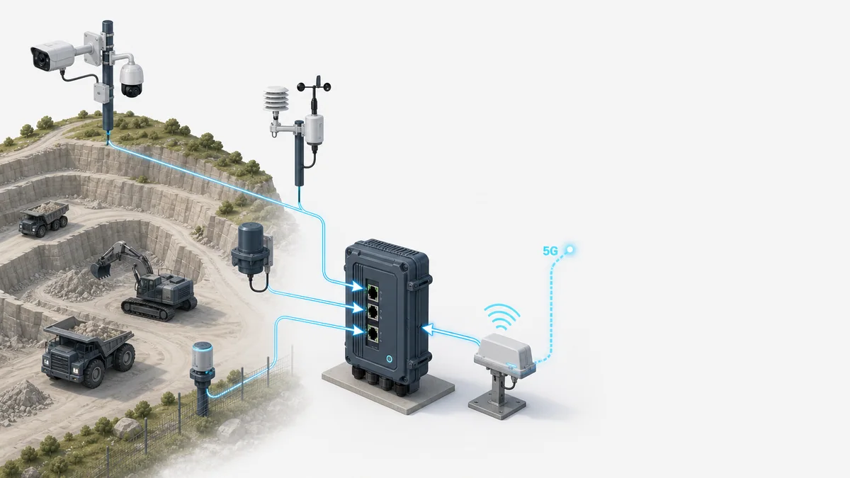 Illustration of field cameras, radios, mobile equipment and local network infrastructure.