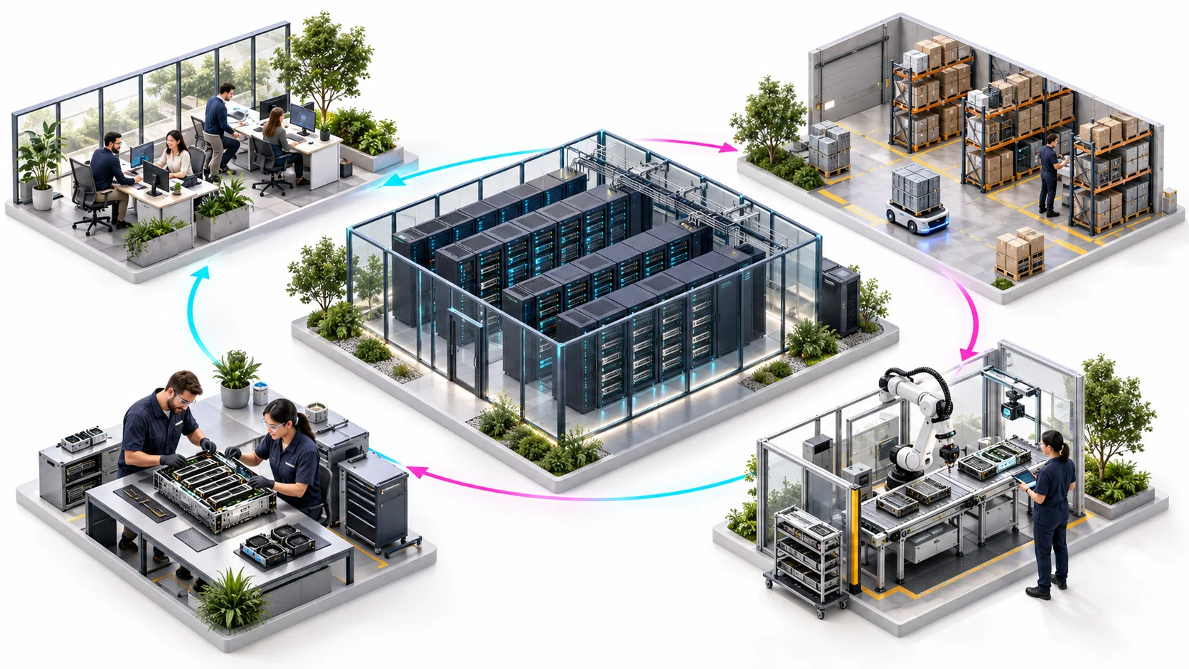 Concept illustration of central GPU infrastructure supporting private AI office work, warehouse robotics and manufacturing inspection, with engineers preparing hardware for redeployment.
