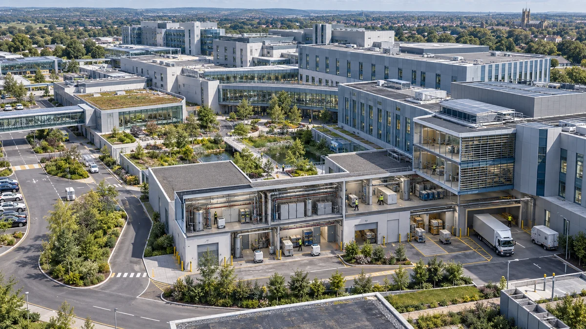 Large hospital campus with service areas and operational delivery robots.