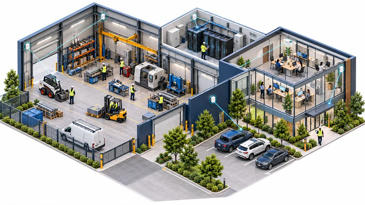 Illustration of a workshop, office and local server room connected within a business campus.