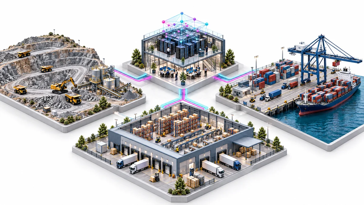 Isometric illustration of a central private AI, compute and applications hub connected to an open-pit mine, a container port and a logistics warehouse.