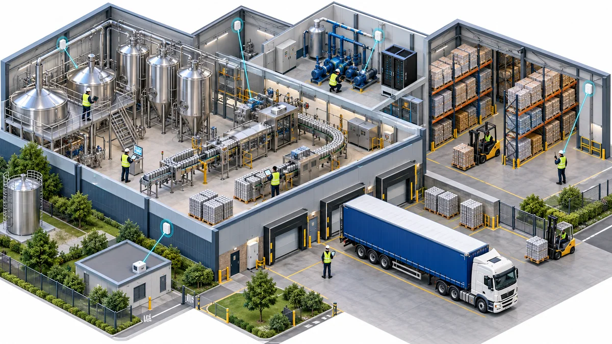 Cutaway illustration of a production line, warehouse, local infrastructure and loading area.