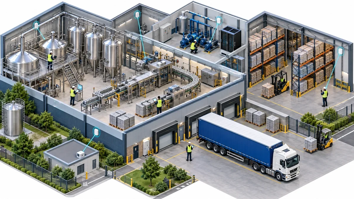 Factory mobile coverage connecting production areas, machinery and maintenance teams