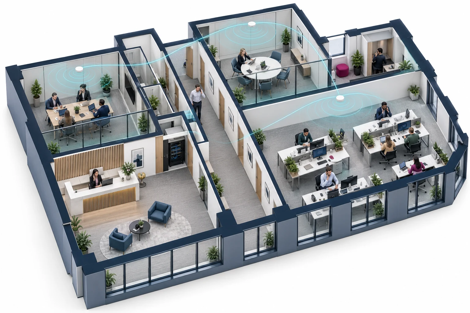 Illustration of office mobile coverage across open-plan desks, meeting rooms and reception