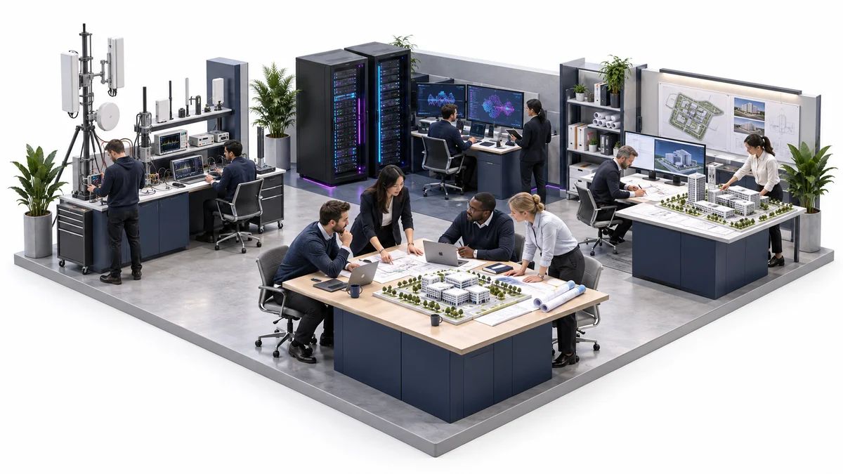 Illustration of partner teams planning a customer project alongside network, AI, compute and estate engineering specialists.