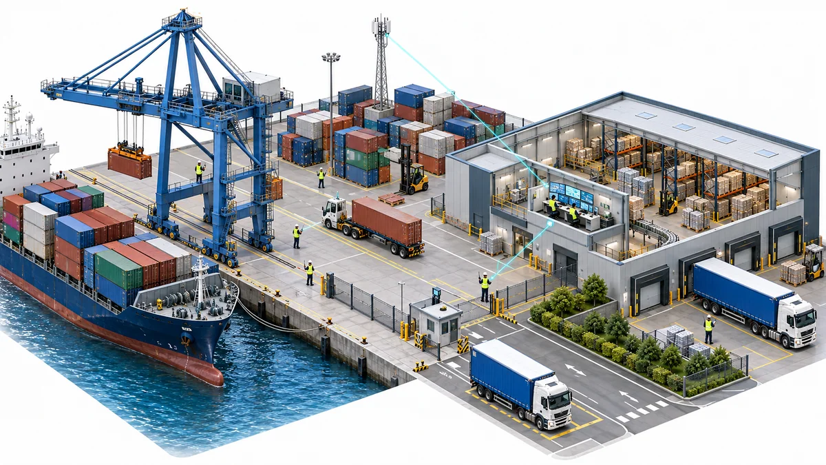 Illustration of a container terminal, warehouse, vehicles and an operations room.