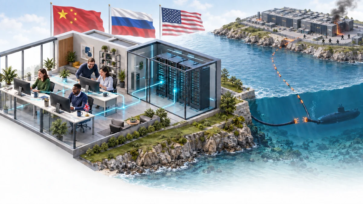 Concept illustration of staff using on-site private AI while a distant data centre attack and a severed subsea cable disrupt external connectivity, with a small UK desk flag and Chinese, Russian and American flags in the background.