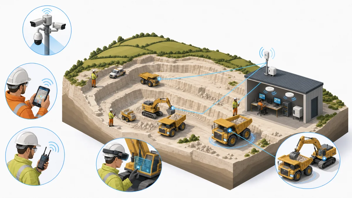 Illustration of quarry vehicles, workers and a connected site office.