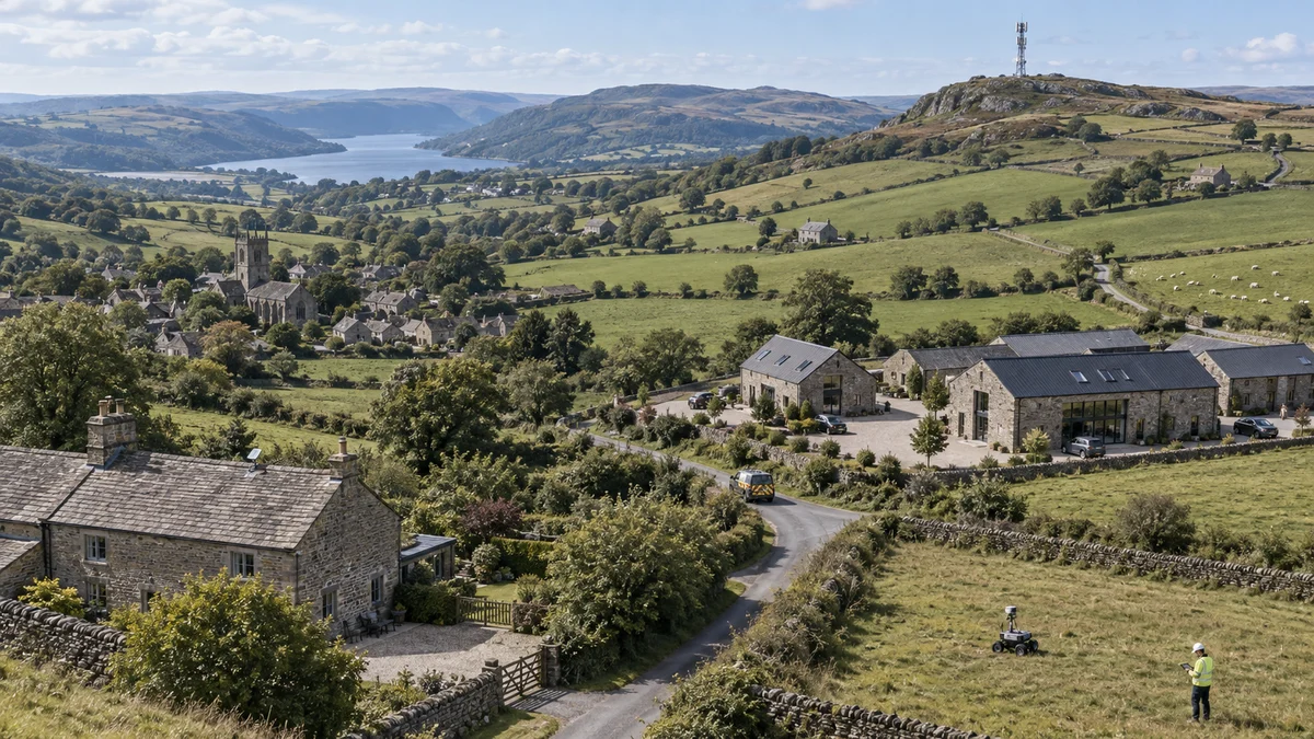 Expansive rural landscape with scattered homes, farm businesses and local wireless infrastructure.