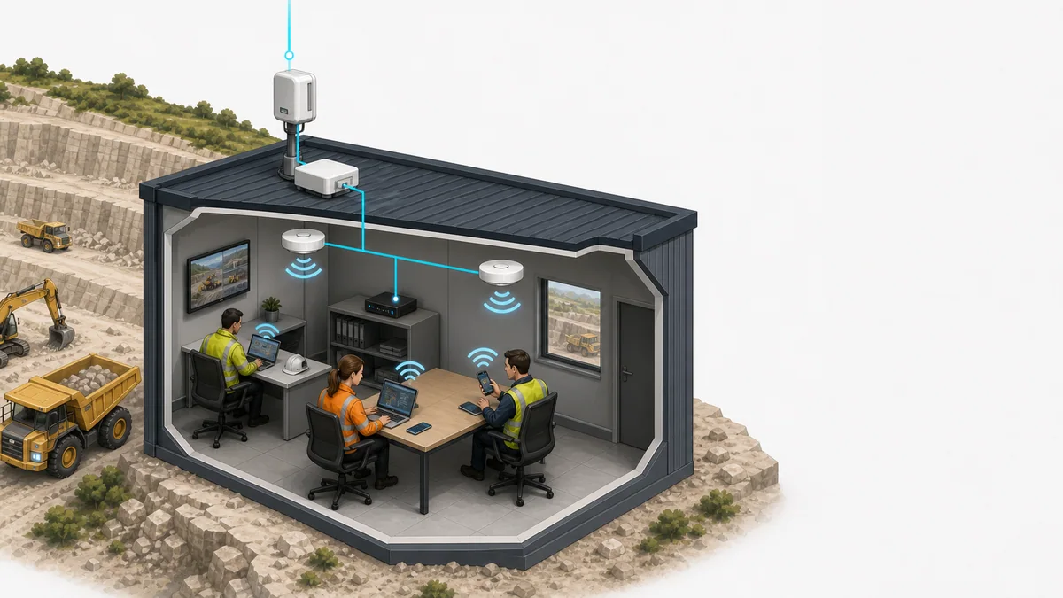 Cutaway illustration of a site office with connected workstations and local networking.