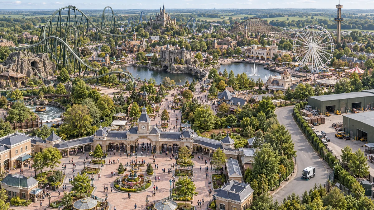 Large theme park with rides, entrance areas, concessions and service facilities.