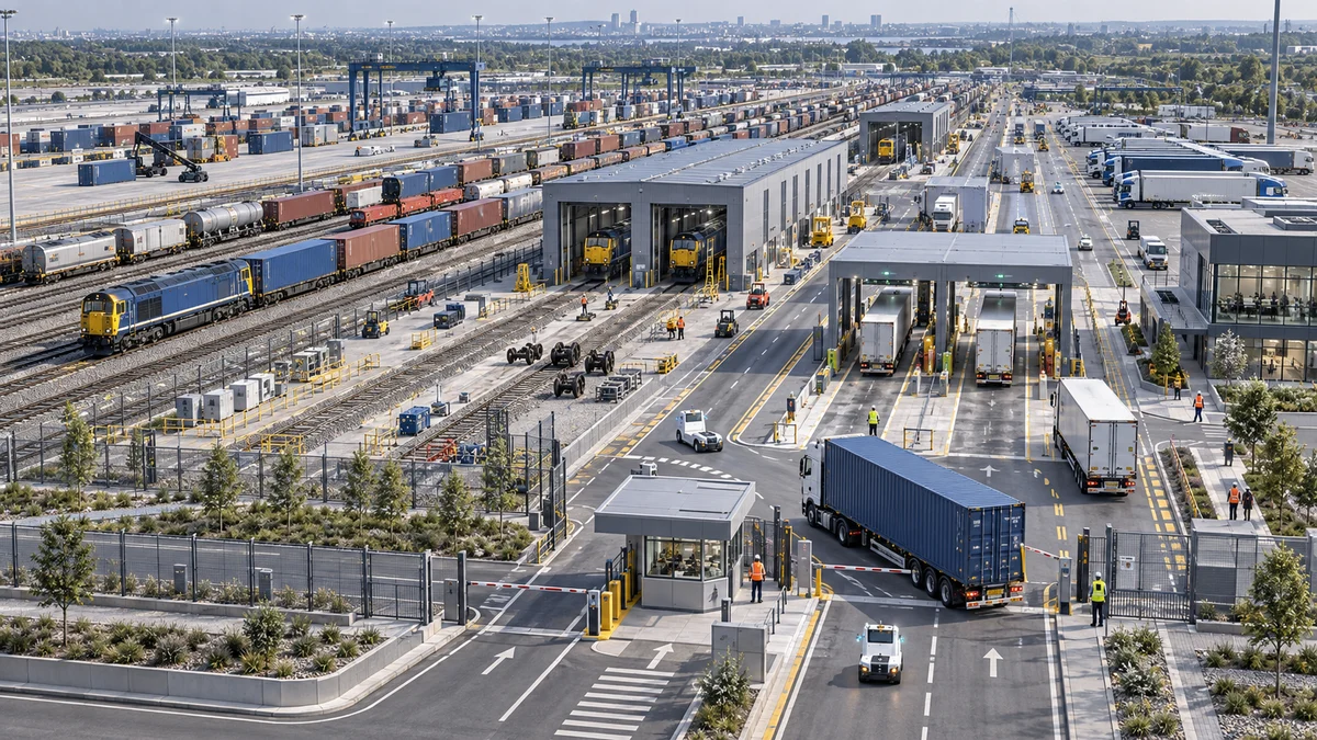 Extensive rail and road depot with maintenance sheds, inspection lanes and operational teams.