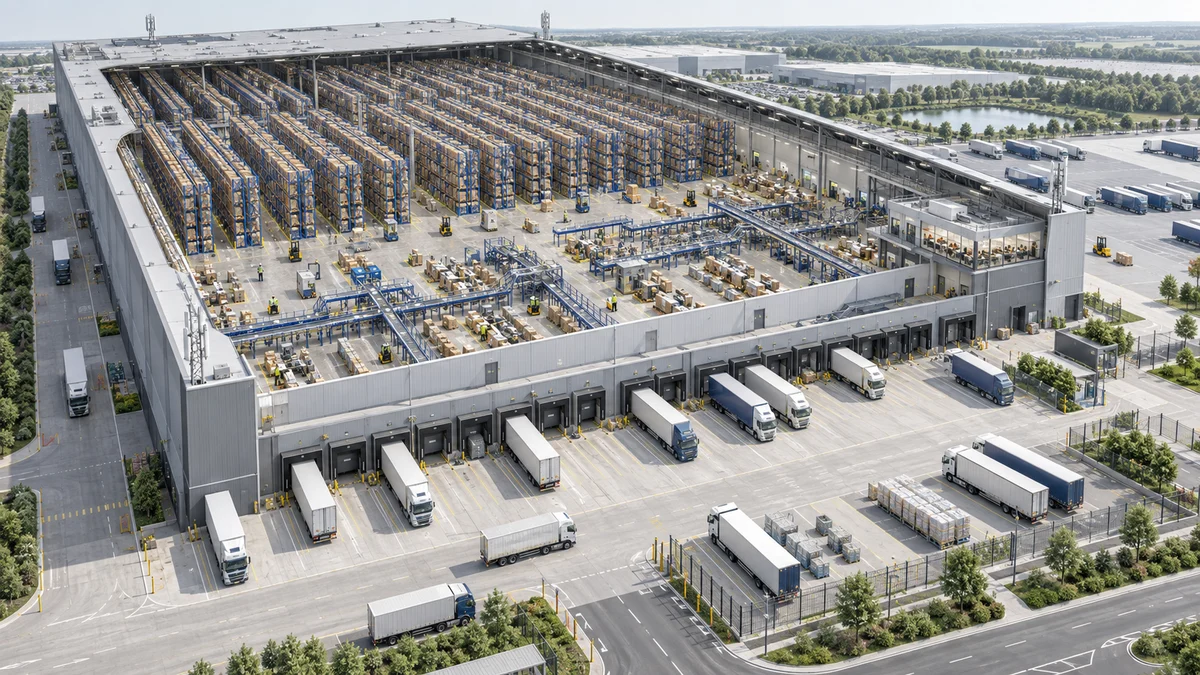 Aerial cutaway of a large distribution centre with long high-bay rack aisles, picking and sorting zones, loading docks and an extensive lorry yard.